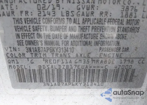 2019 Nissan Sentra Sv z USA, uszkodzony, nr VIN 3N1AB7AP6KY313410